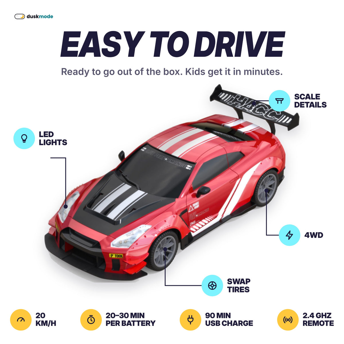 DuskDrift features: LED lights, 4WD, swappable tires, 20 km/h
