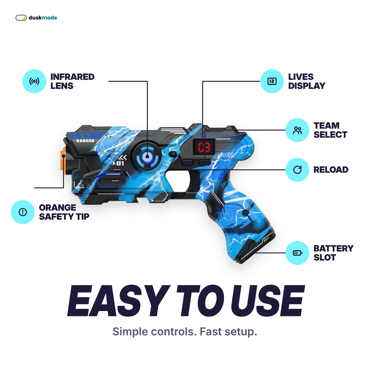 Duskmode blaster features: infrared lens, lives display, team select, reload