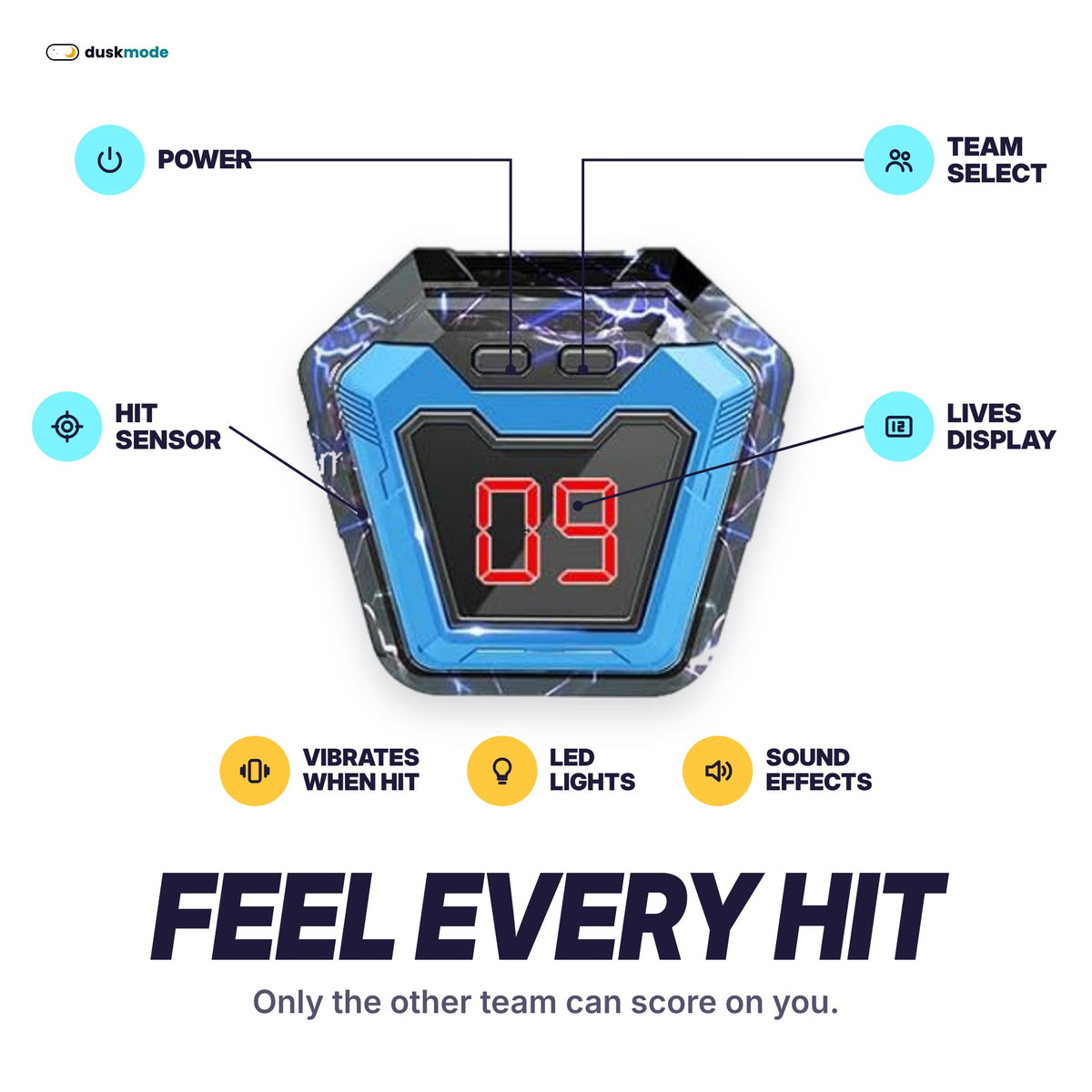 Duskmode vest features: power, team select, lives display, hit sensor