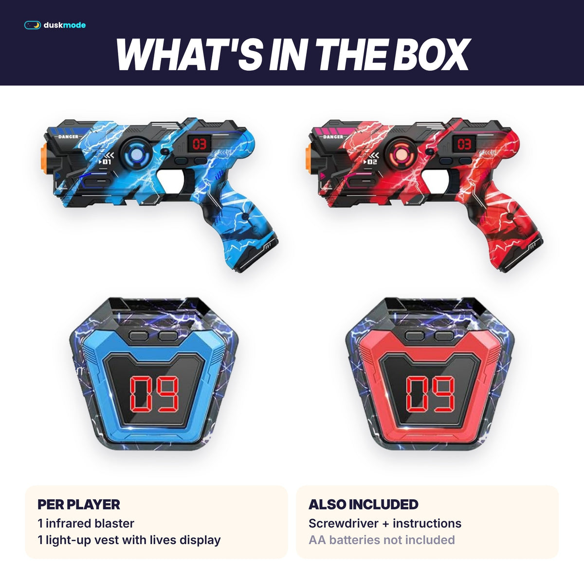 What's in the box: blaster and light-up vest per player, screwdriver and instructions