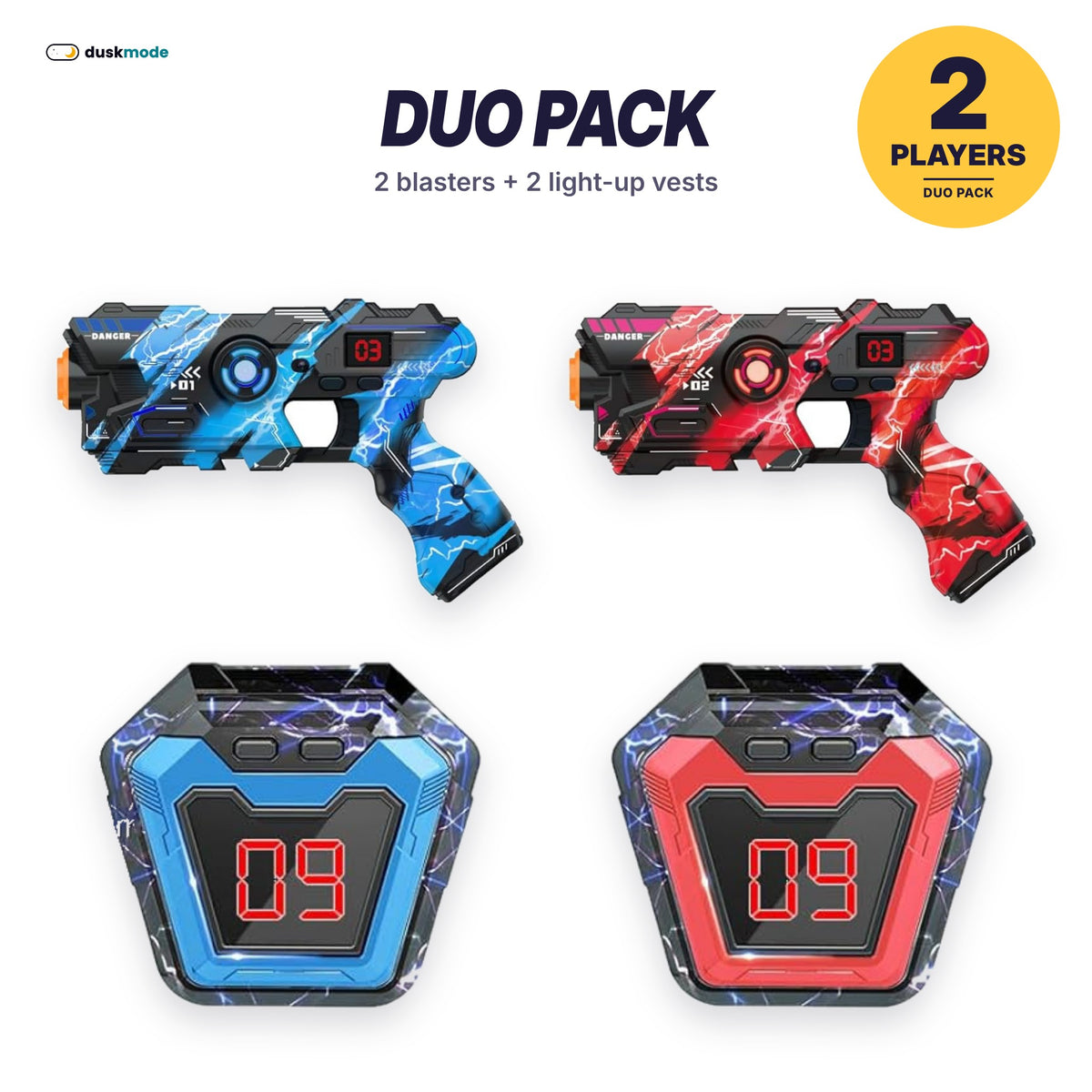Duo Pack: 2 Duskmode blasters and 2 light-up vests, blue and red