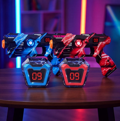 Red and blue Duskmode blasters with glowing vests and score displays